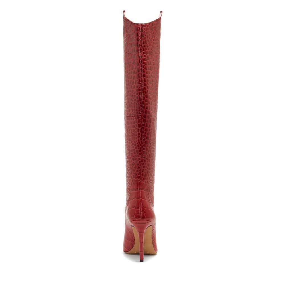 SOLD VINCE CAMUTO Kervana Pointy Toe Knee High Crocodile Boot Red 8.5 NEW - Picture 5 of 13